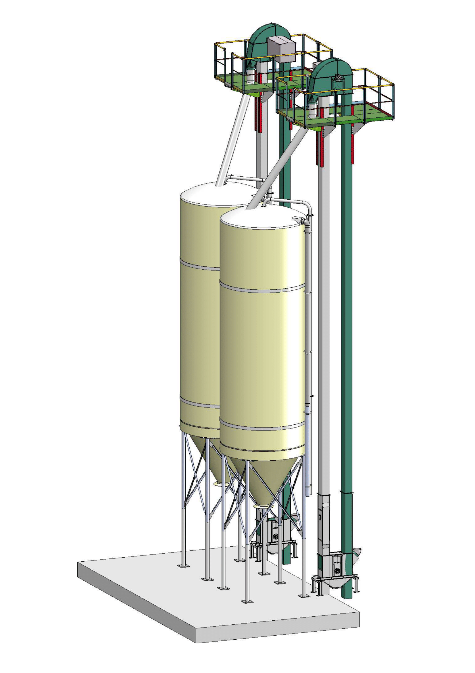 Complex plant with several bucket elevators and GRP silos as a complete plant concept.