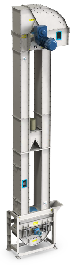 Bucket elevator conveying bulk materials with a high conveying capacity vertically up to 70m height. 