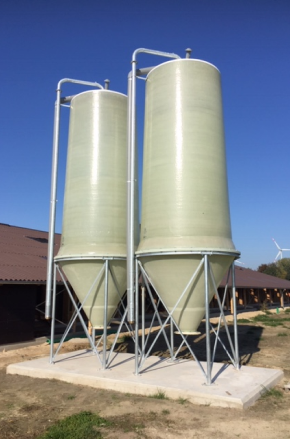 Two GRP silos for maintaining product freshness and purity during storage.