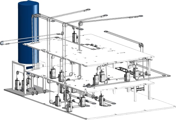 Complex conveyor system with several tube chain conveyors interconnected and conveying over several levels.