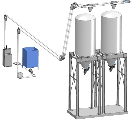 Tube chain conveyor for a more demanding conveying path, conveying bulk materials upwards at an angle and discharging them into several silos.