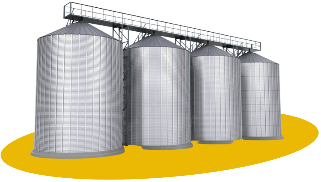 Round steel silo for grain storage.
